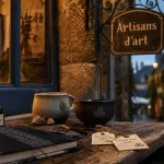 Artisanat morbihan : table d’artisan, ruelle de village et enseigne “Artisans d’art”