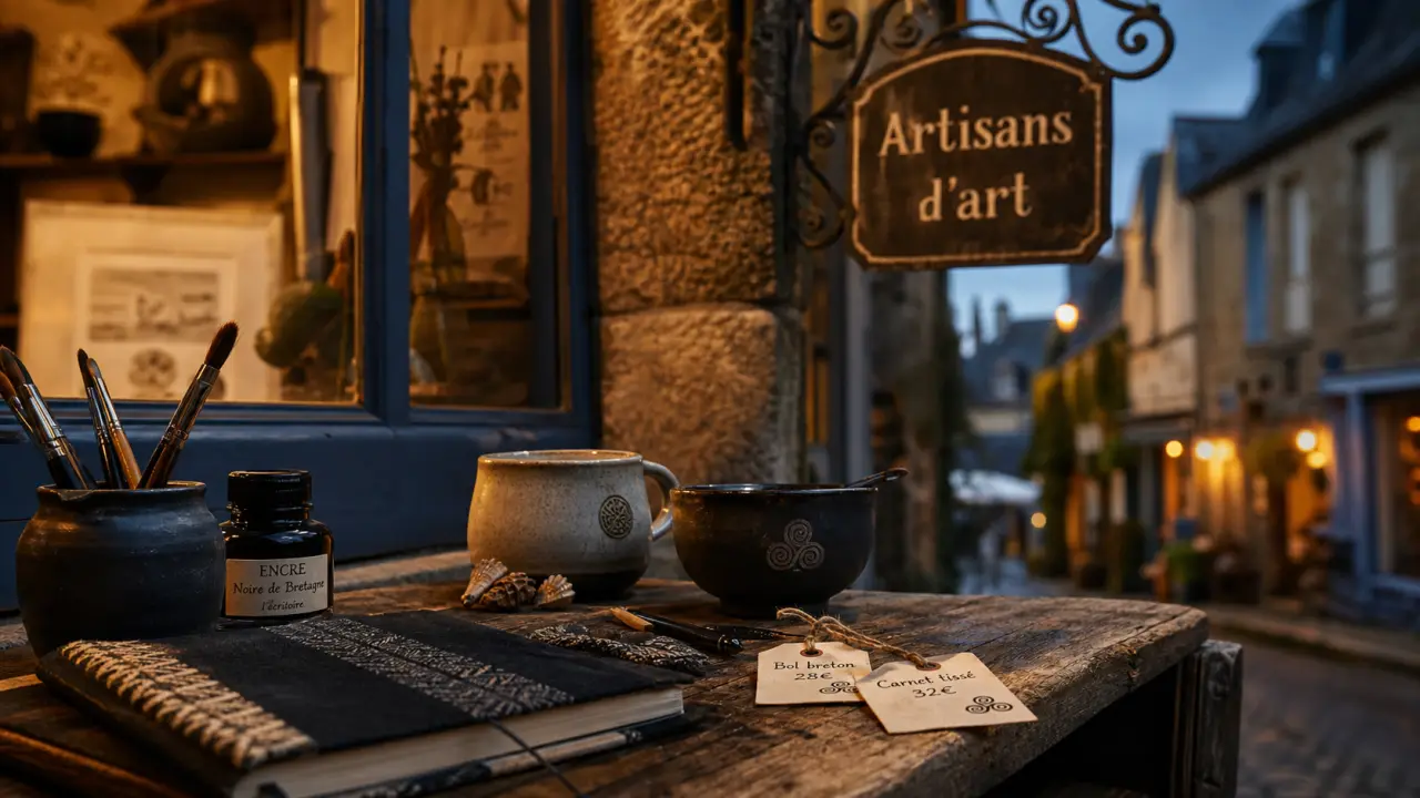 Artisanat morbihan : table d’artisan, ruelle de village et enseigne “Artisans d’art”