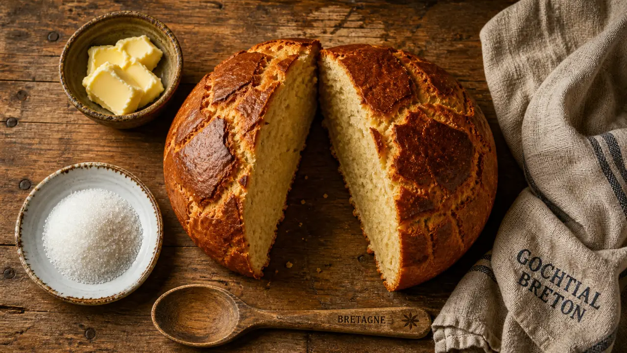 Brioche bretonne Gochtial dorée, tranchée