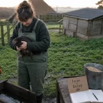Ferme de keres : éleveuse en Bretagne tenant une poule près d’un abreuvoir