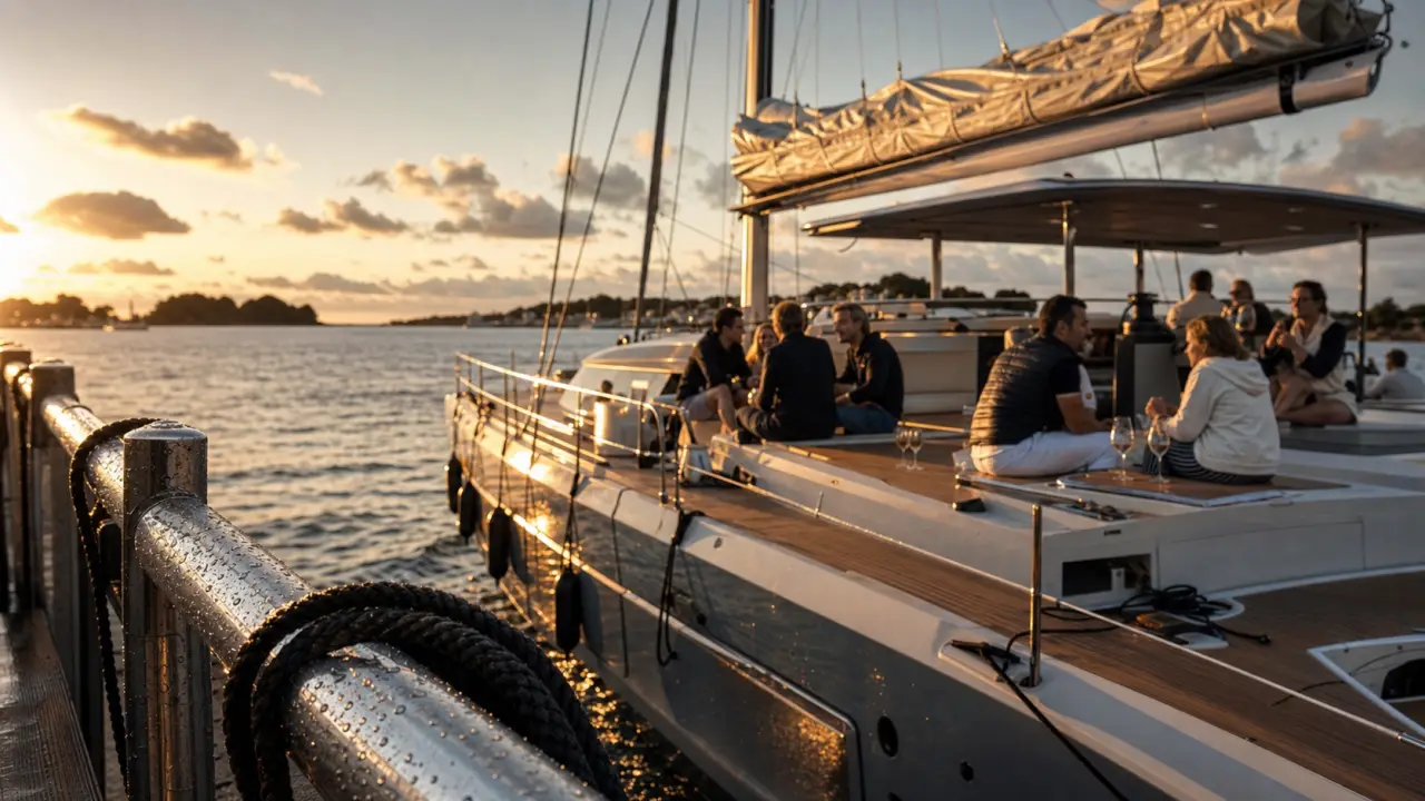 Balade en catamaran golfe du morbihan à Port-Navalo, départ en mer au golden hour