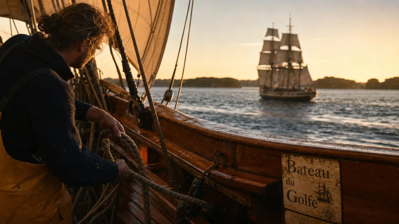 Balade vieux gréement Morbihan : départ de Vannes au coucher du soleil