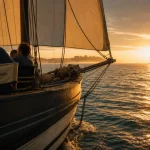 Balade voilier golfe du morbihan : vieux gréement au coucher de soleil
