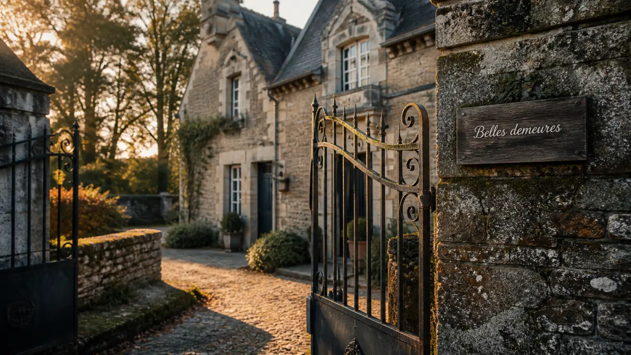 Belles demeures de Bretagne : manoir en pierre, portail en fer forgé et cour close