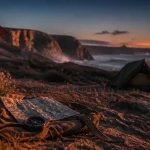 bivouac bretagne : tente discrète sur la côte bretonne au coucher du soleil