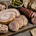 Charcuterie bretonne : andouille de Guémené et saucisse de Molène sur table bois