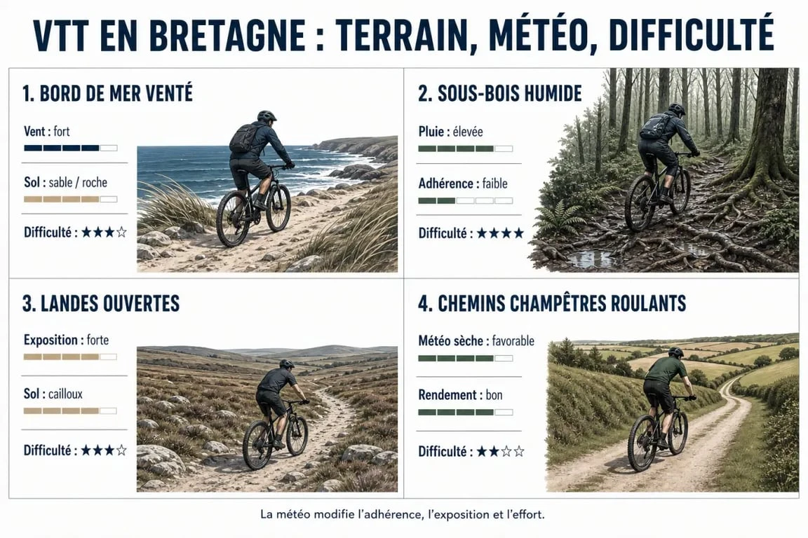 Rando bretagne vtt : comparaison visuelle des terrains en Bretagne entre bord de mer, sous-bois, landes et chemins champêtres