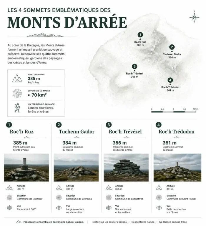 Infographie des sommets des Monts d'Arrée et leurs altitudes