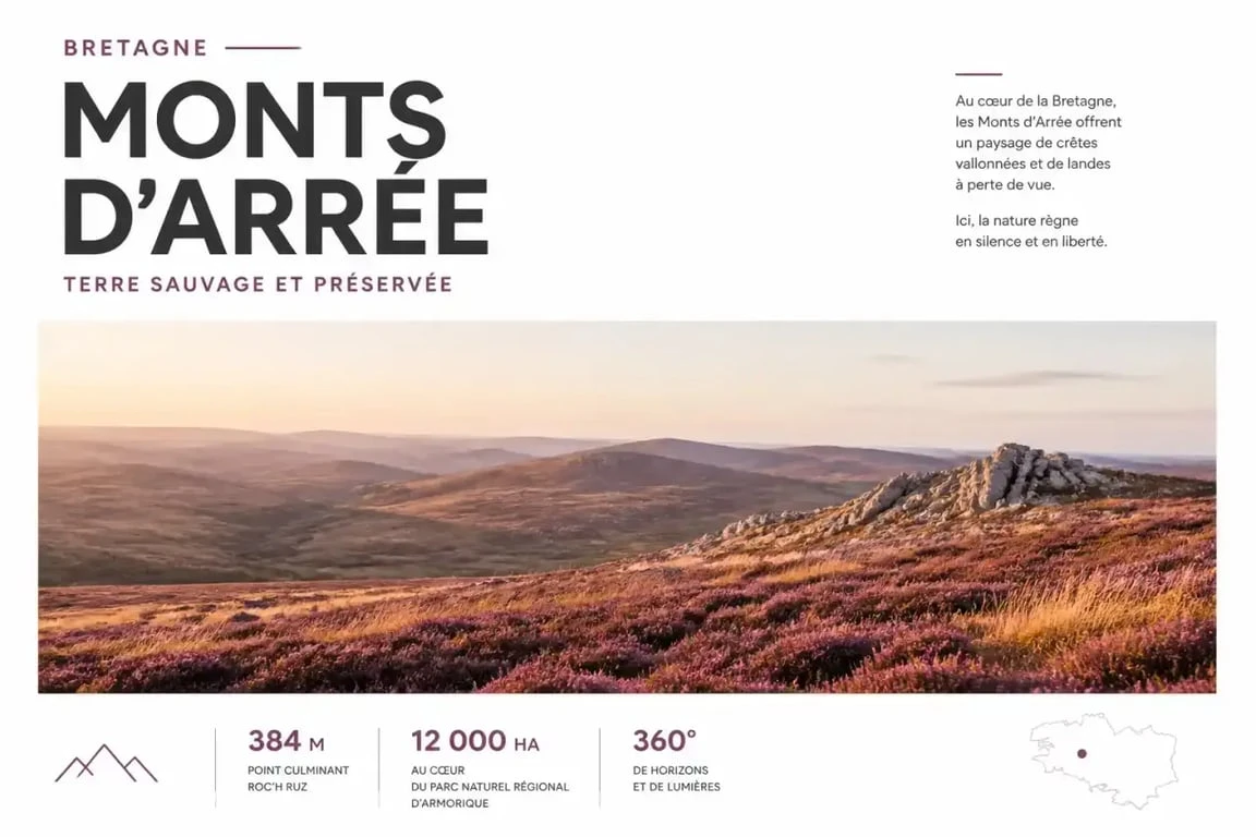 Paysage des Monts d'Arrée en Bretagne avec ses crêtes et landes sauvages