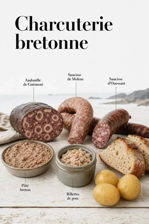 Charcuterie bretonne sur une table rustique avec andouille de Guémené, saucisse de Molène et pâté breton