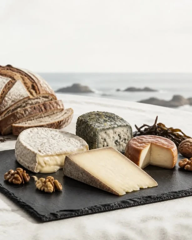 Fromage breton sur un plateau varié avec tomme, fromage monastique et fromage affiné à l’huile de noix