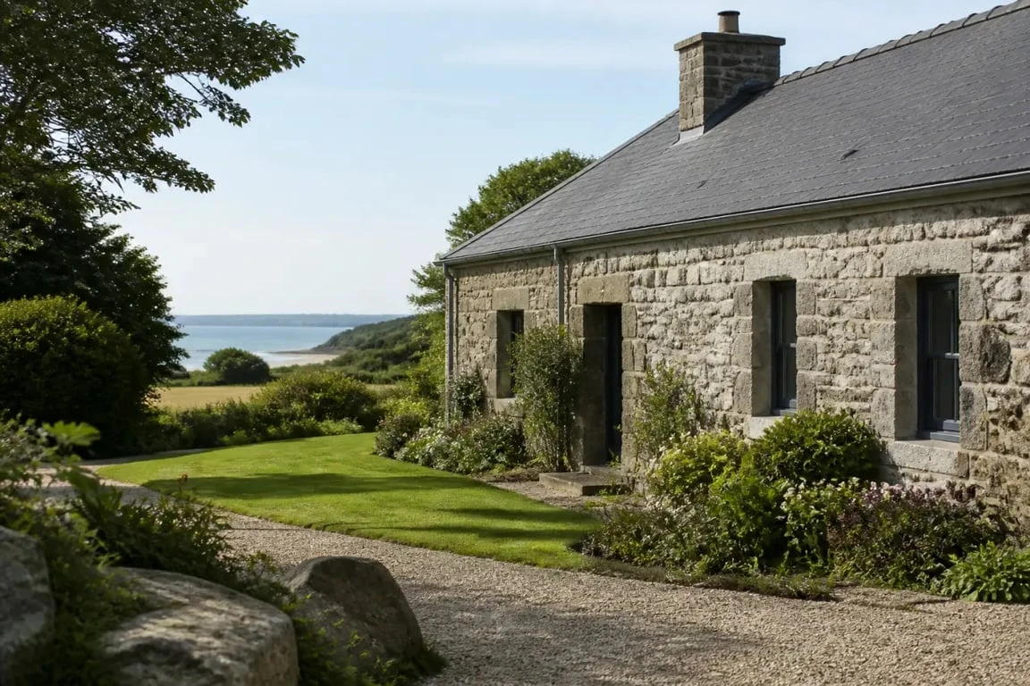 Belles demeures de Bretagne : longère restaurée en pierre avec jardin et aperçu de la mer