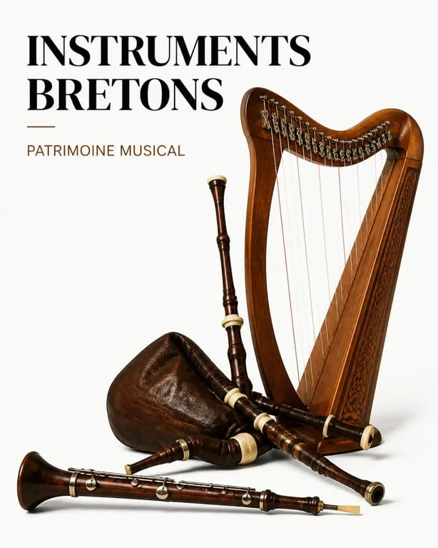 Instruments de musique breton avec bombarde, binioù et harpe celtique