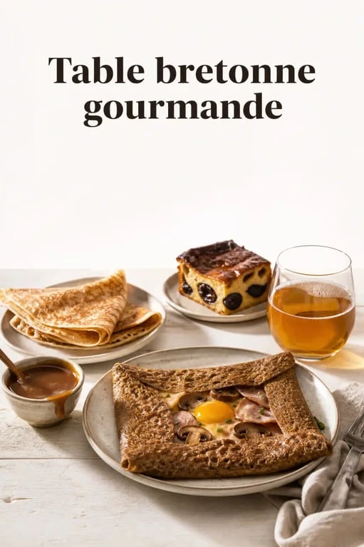 Recette bretonne sur une table gourmande avec galette, far breton et crêpes