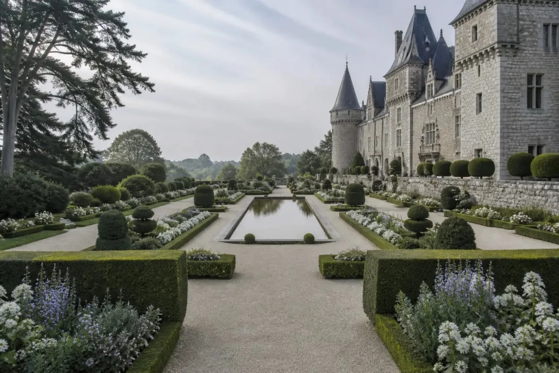 Jardins remarquables en Bretagne : jardin patrimonial avec château, bassin et allées structurées