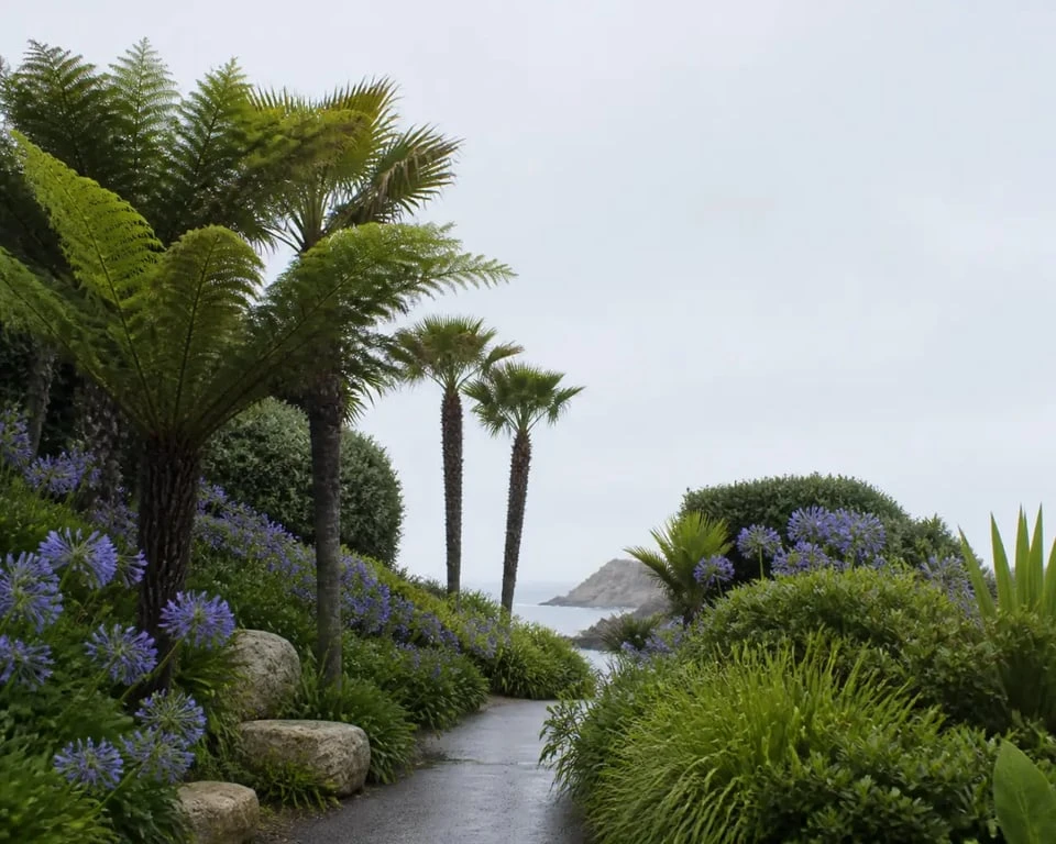 Jardins remarquables en Bretagne : jardin exotique côtier luxuriant avec végétation maritime