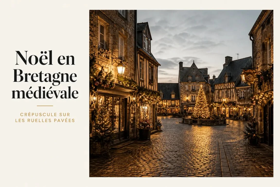 Marché de noel rochefort en terre 2025, ruelles illuminées de Rochefort-en-Terre au crépuscule
