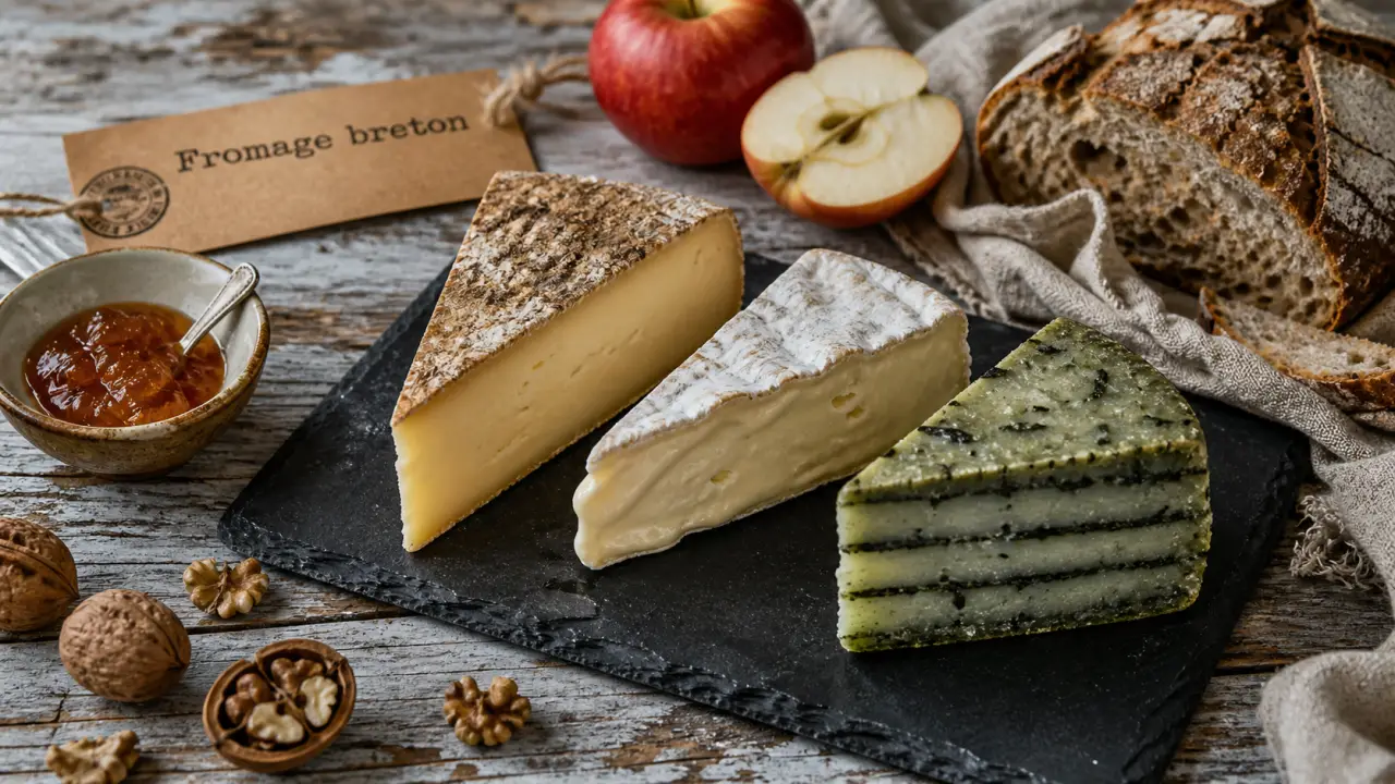 Fromage breton : tommes et fromage aux algues (spiruline) sur ardoise