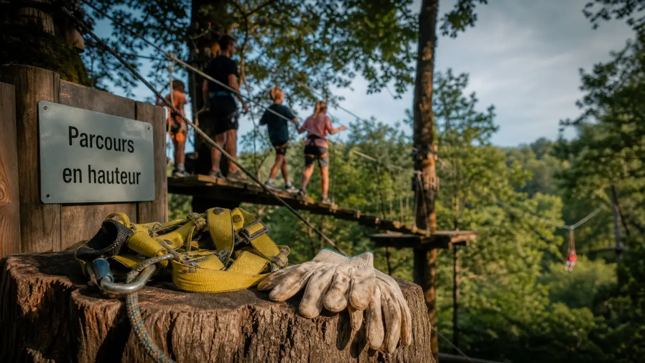 Guerlédan parc aventure : harnais et tyrolienne sur parcours en hauteur