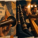 Instruments de musique breton : bombarde et binioù, harpe celtique en gros plan