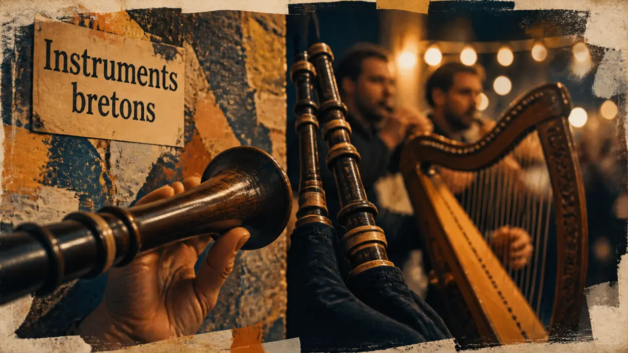 Instruments de musique breton : bombarde et binioù, harpe celtique en gros plan