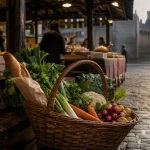 Marche de vannes : panier de légumes et étal poisson près des halles
