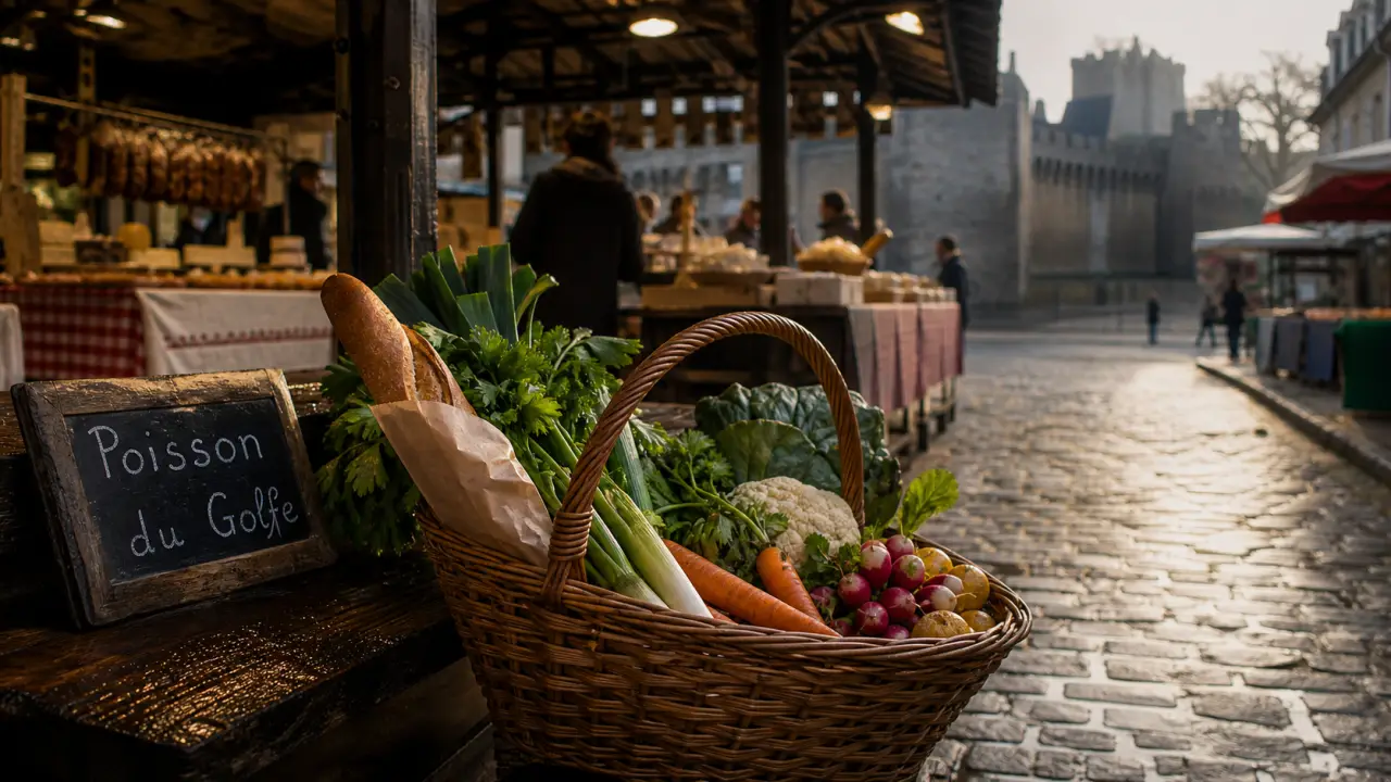 Marche de vannes : panier de légumes et étal poisson près des halles