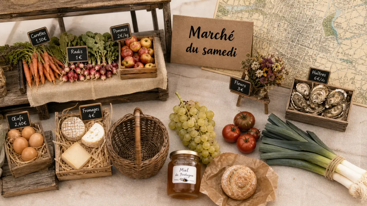 Marché nevez : étals bretons du samedi sur table, vue en plongée