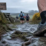 Trail bretagne : chaussures boueuses sur chemin de granit humide