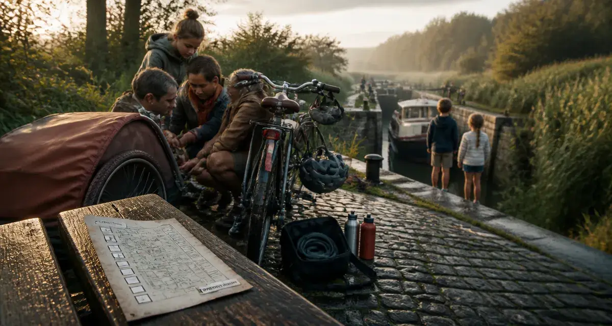 Canal de Nantes à Brest à vélo en famille : écluse et vélo au bord du canal