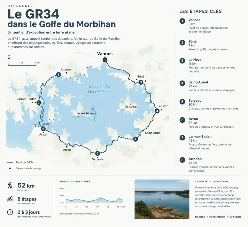 Tracé et étapes du GR34 dans le Golfe du Morbihan