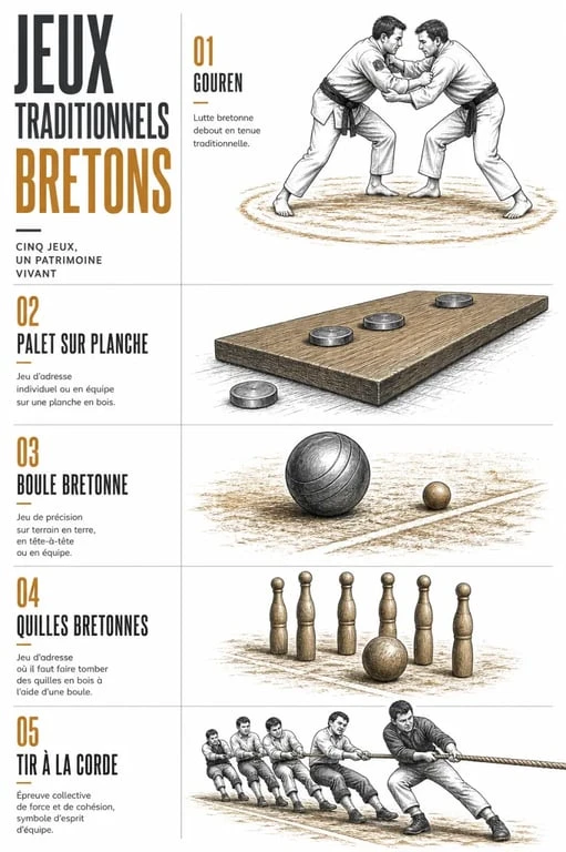 Vue comparative des principaux jeu breton traditionnels avec gouren, palet, boules, quilles et tir à la corde