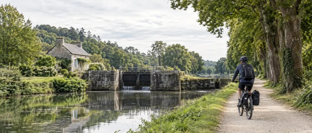 Canal de Nantes à Brest en vélo électrique près d'une écluse bretonne