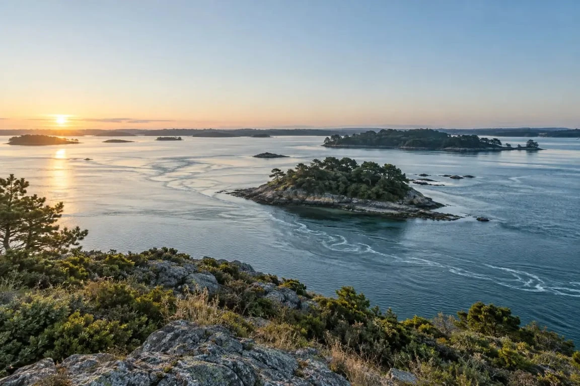 Panorama pour visiter le golfe du Morbihan depuis une pointe côtière
