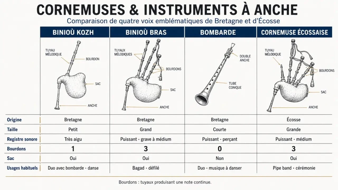 Infographie comparative de la cornemuse bretonne, du binioù kozh, du binioù bras, de la bombarde et de la cornemuse écossaise