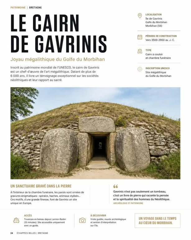 Cairn de Gavrinis, site mégalithique incontournable à visiter lors d'un séjour à Baden dans le Morbihan