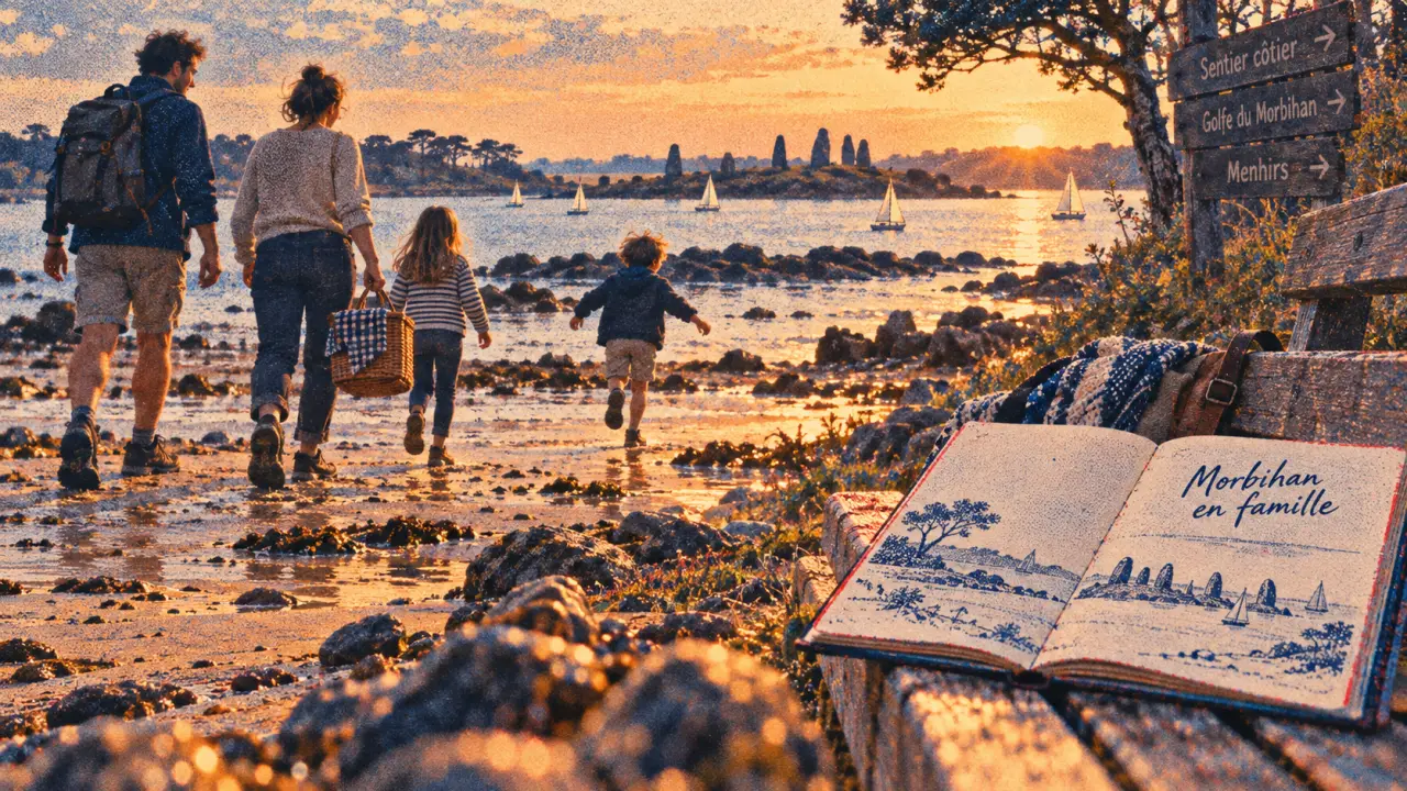 Que faire dans le morbihan en famille : balade sur le sentier côtier, enfants et parents vers l’eau au Morbihan