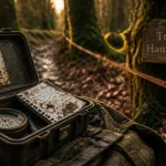 tresor de haute bretagne : boîte de geocaching et QR code retrouvés en forêt