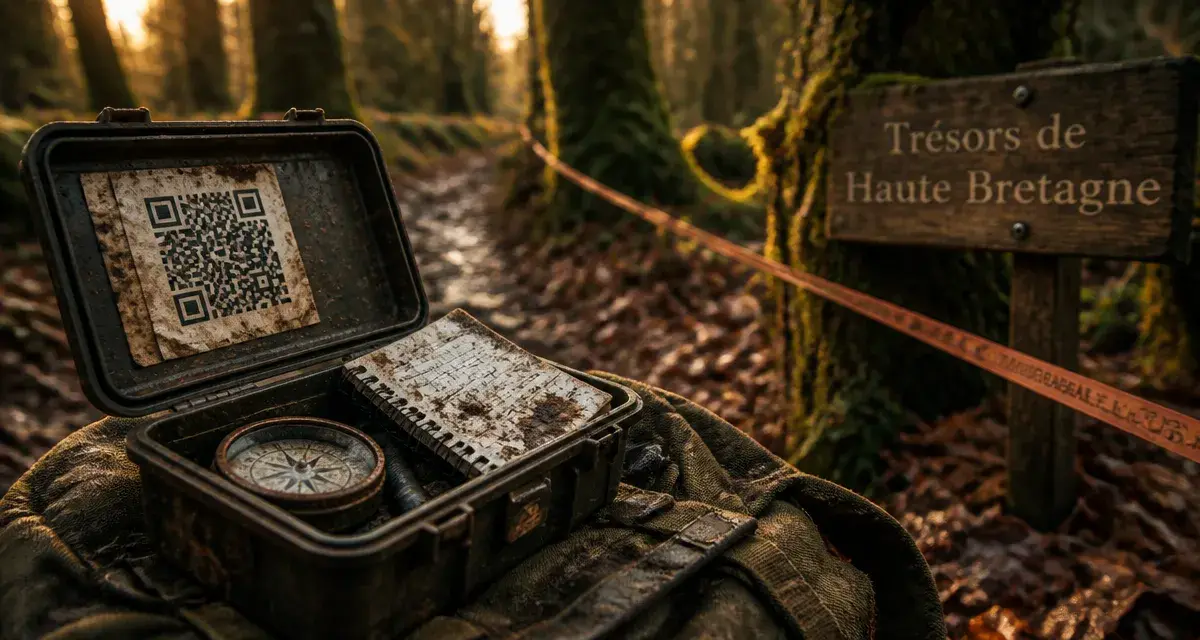 tresor de haute bretagne : boîte de geocaching et QR code retrouvés en forêt