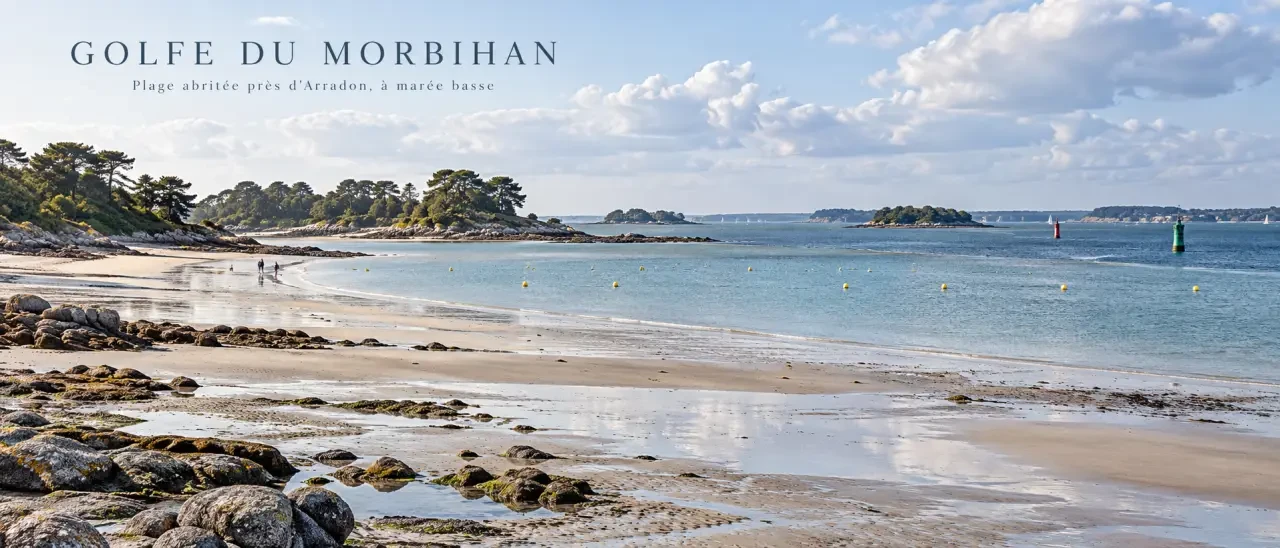 Plages Morbihan baignade dans une anse abritée du Golfe près d'Arradon à marée basse