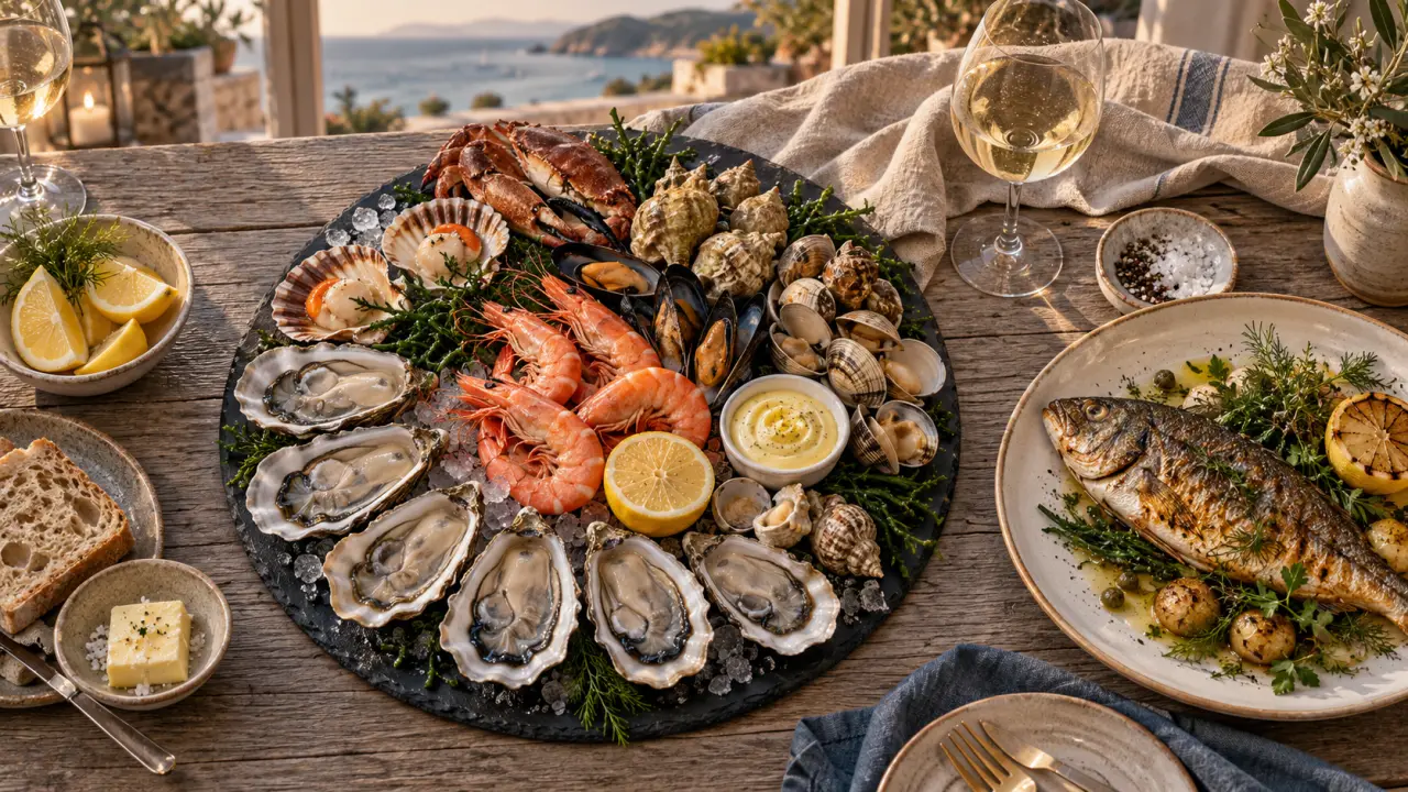 Les meilleurs restaurants du morbihan, plateau de fruits de mer sur ardoise face au Golfe