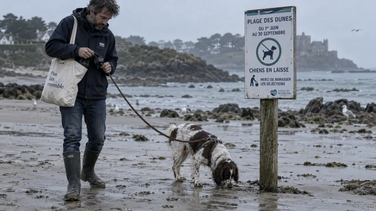 Chien en laisse sur une plage du Morbihan : plages autorisées aux chiens morbihan et règles à vérifier